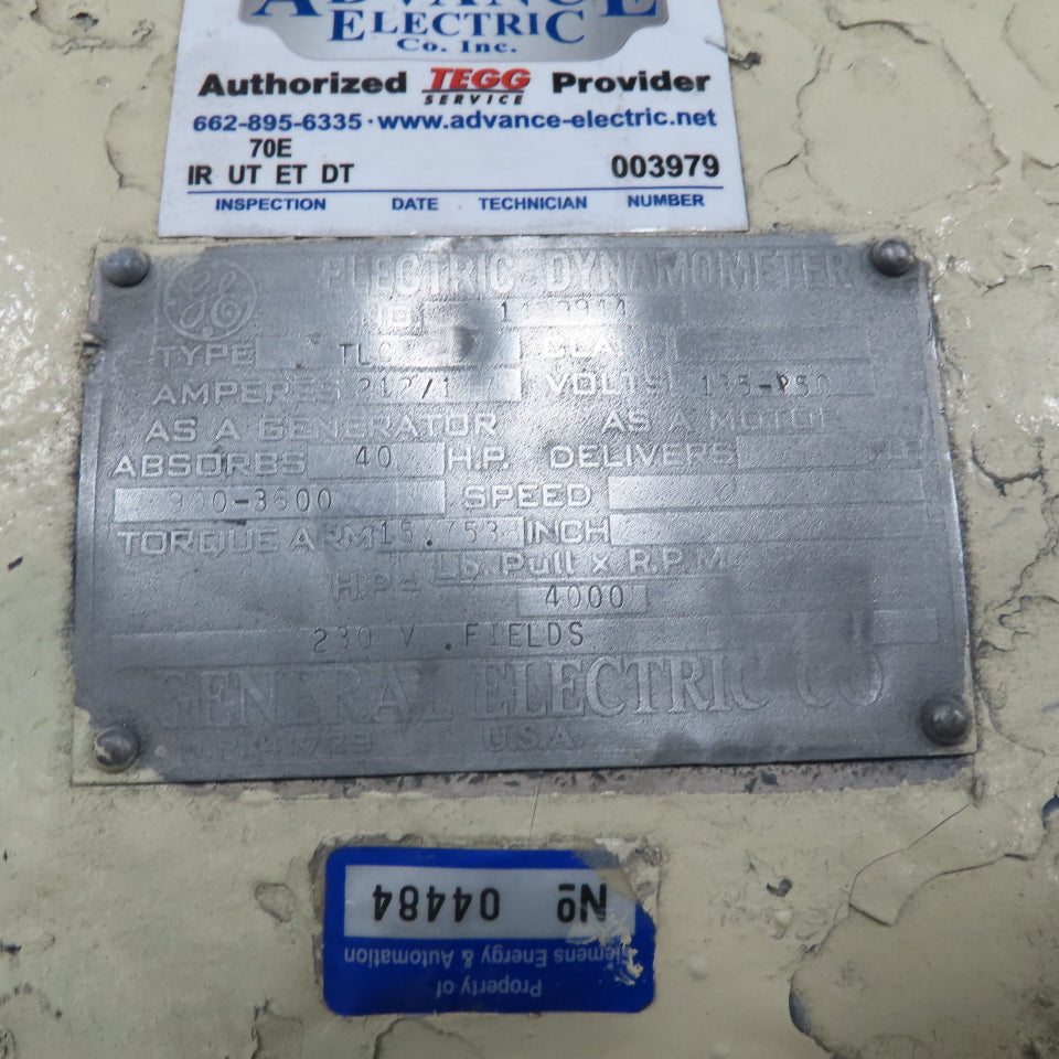 General Electric Type TLC 230VDC 40Hp Absorb Dynamometer Generator W/ Controls