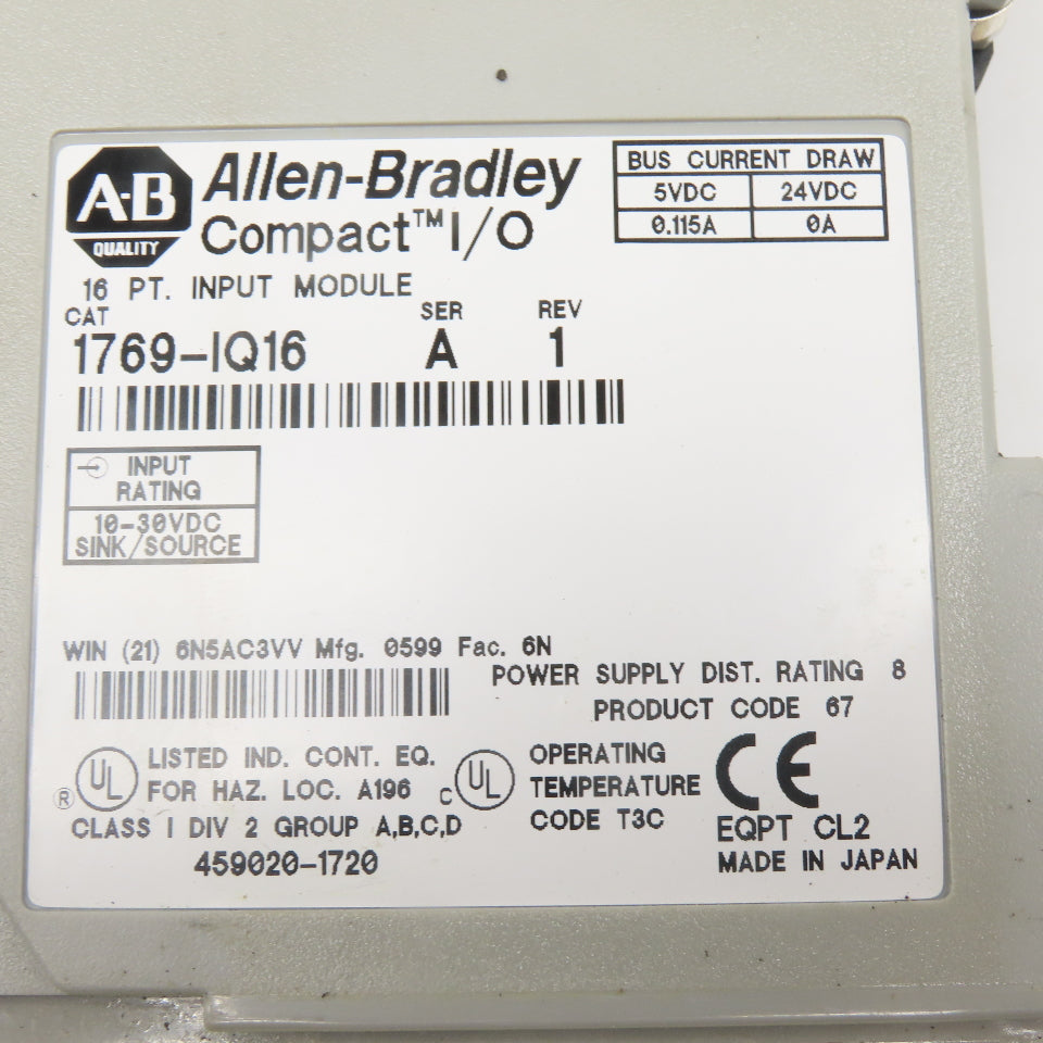 Allen Bradley 1769-IQ16 Compact I/O 16PT 24VDC Sink/Source Input Ser A Rev 1