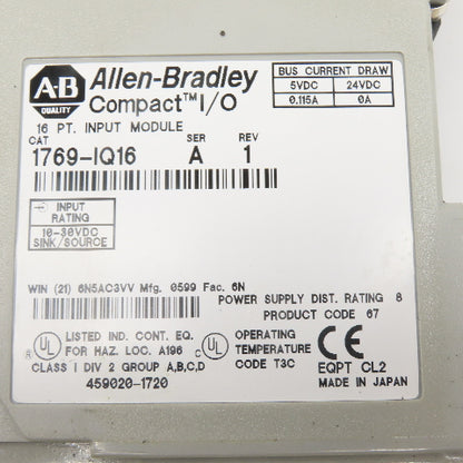 Allen Bradley 1769-IQ16 Compact I/O 16PT 24VDC Sink/Source Input Ser A Rev 1