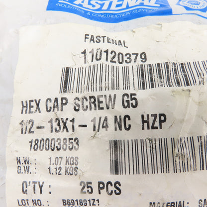 Fastenal 110120379 1/2"-13 x 1-1/4" Long Zinc Hex Cap Screw G5 Lot Of 25