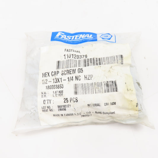 Fastenal 110120379 1/2"-13 x 1-1/4" Long Zinc Hex Cap Screw G5 Lot Of 25