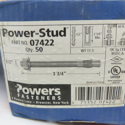 Powers Fastener 07422 1/2" x 3-3/4" Power Stud Concrete Anchor Lot Of 50