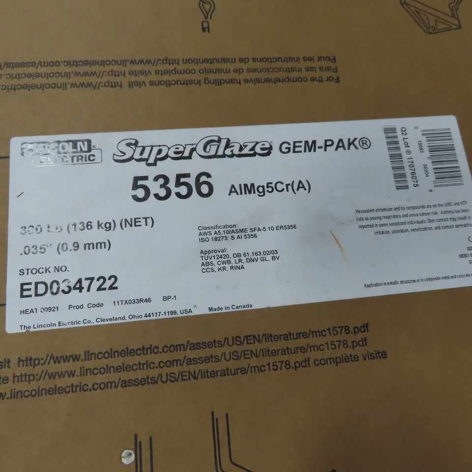 Lincoln ED034722 SuperGlaze 5356 035 SuperGlaze 5356 MIG Wire 300lb Gem-Pak Box