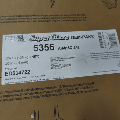 Lincoln ED034722 SuperGlaze 5356 035 SuperGlaze 5356 MIG Wire 300lb Gem-Pak Box
