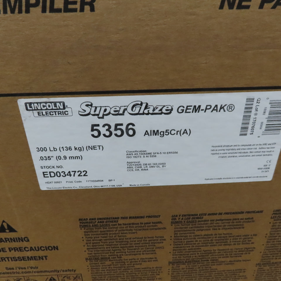 Lincoln ED034722 SuperGlaze 5356 035 SuperGlaze 5356 MIG Wire 300lb Gem-Pak Box