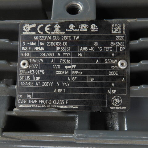 Nord SK132SP/4 CUS 213TC TW 7-1/2HP AC Electric Motor 1770RPM 208-230/460V 3PH