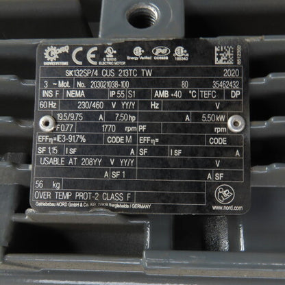 Nord SK132SP/4 CUS 213TC TW 7-1/2HP AC Electric Motor 1770RPM 208-230/460V 3PH