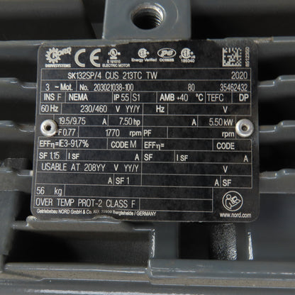 Nord SK132SP/4 CUS 213TC TW 7-1/2HP AC Electric Motor 1770RPM 208-230/460V 3PH