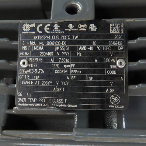 Nord SK132SP/4 CUS 213TC TW 7-1/2HP AC Electric Motor 1770RPM 208-230/460V 3PH