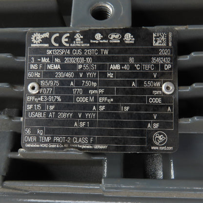Nord SK132SP/4 CUS 213TC TW 7-1/2HP AC Electric Motor 1770RPM 208-230/460V 3PH