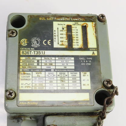 Allen Bradley 836T-T351J Ser A Pressure Control 0 -1000 PSI Pneumatic or Hydr.