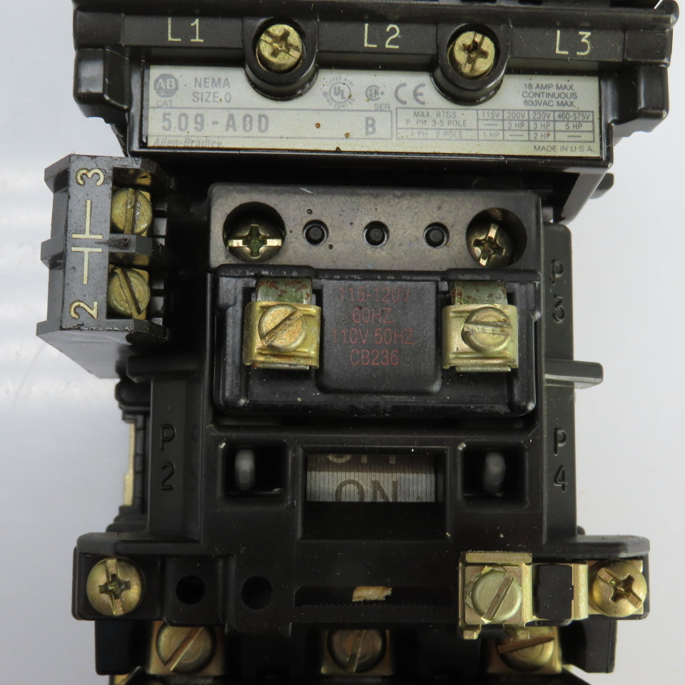 Allen Bradley 509-A0D Ser B Nema Size 0 Motor Starter 120V Coil 1-5HP 600V Max