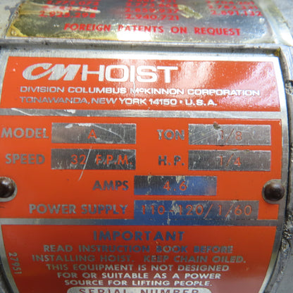 Cm Lodestar Model A 1/8 Ton Electric Chain Hoist 10' Lift 32FPM 115V Single Phase
