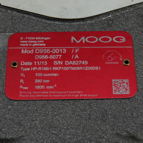 Moog HP-R18XX 	HP-R18B1 Hydraulic 2 Stage Combination Pump 32/100ccm/rev