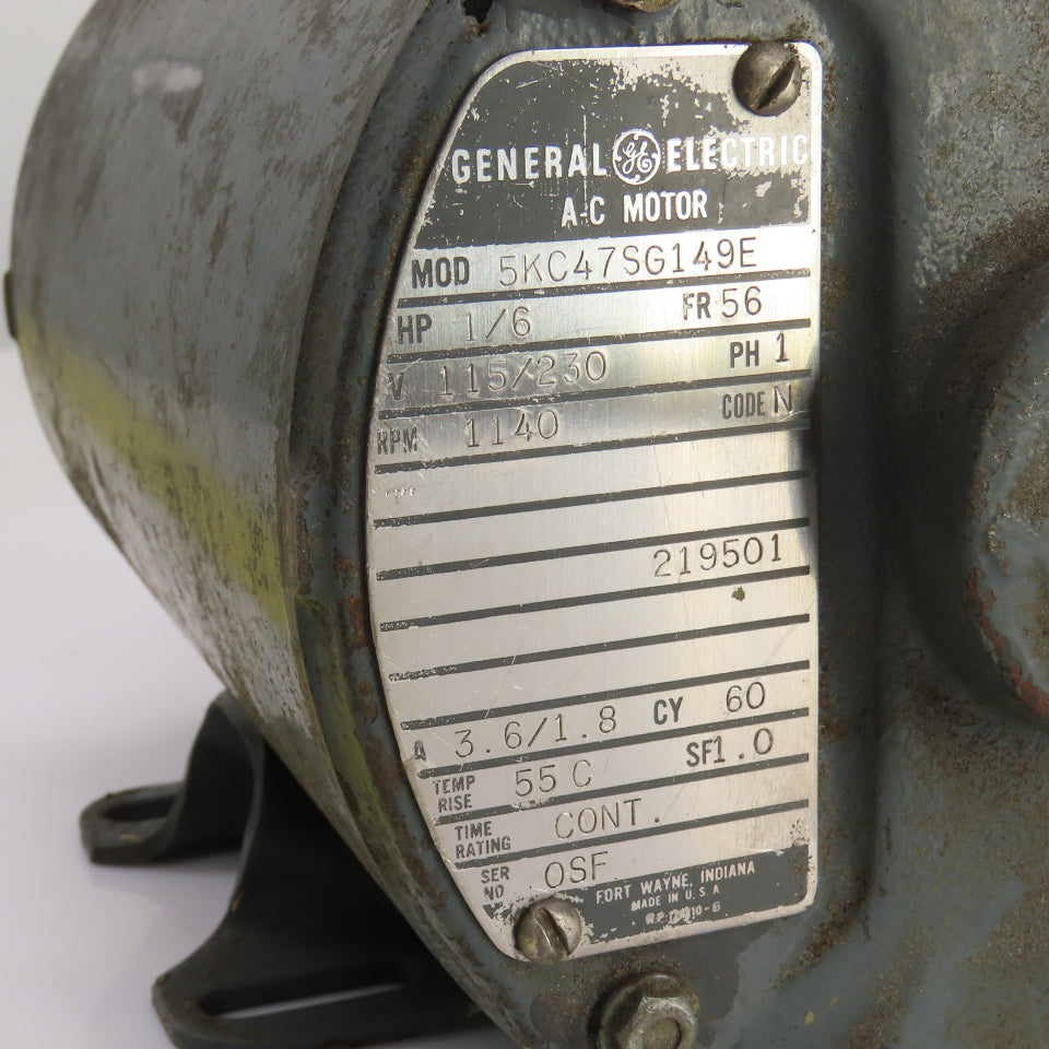 General Electric 5KC47SG149E 1/6HP AC Motor 1140RPM 115/230V 1PH 60HZ 56 Frame