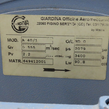 Giardina A 40/1 2.2kW 230/400V 50Hz Backward Incline Blower Fan