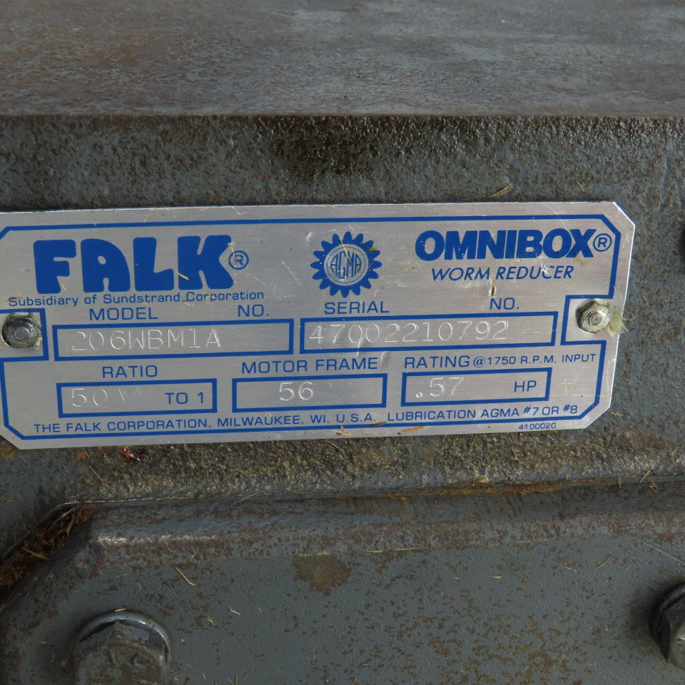 Falk 206WBM1A Omnibox 50:1 Ratio Worm Gear Reducer 0.57HP 180VDC 34.5RPM Output