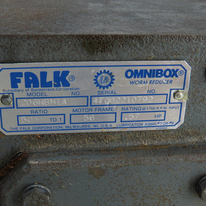 Falk 206WBM1A Omnibox 50:1 Ratio Worm Gear Reducer 0.57HP 180VDC 34.5RPM Output