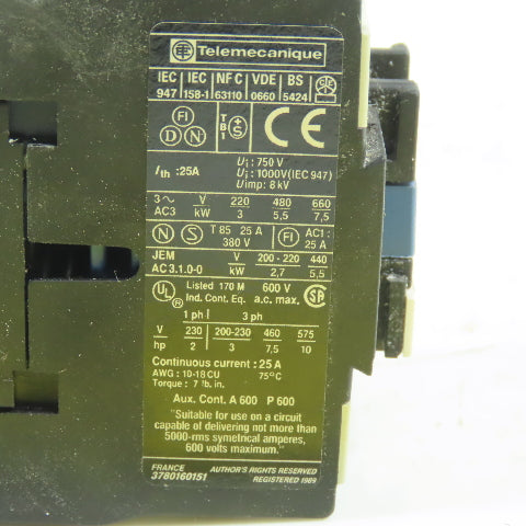 Telemecanique LC1 D12 10 Control Relay Contactor 600V  25A Max. 230V Coil