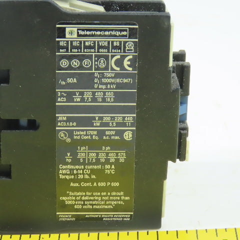 Telemecanique LP1D32 01 Contactor 600V 50A Max. 230V Coil W/LA4 DFB