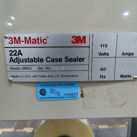 3M 22A Model 28600 Adjustable Case Box Tape Sealer Machine 115V 60Hz for 2" tape