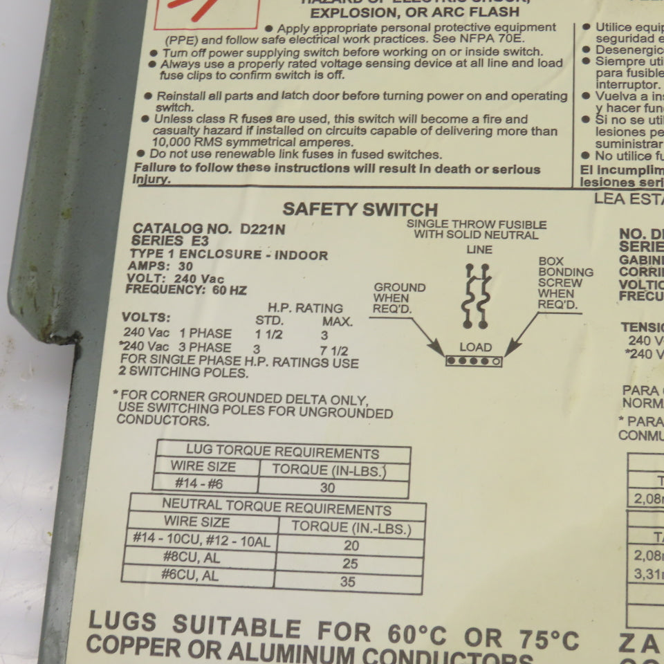 Square D D221N 30A 240VAC 2 Pole General Duty Safety Disconnect Switch