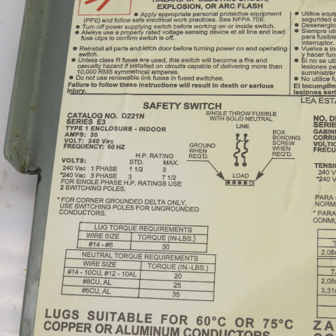 Square D D221N 30A 240VAC 2 Pole General Duty Safety Disconnect Switch