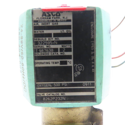 Asco 8262P232N 1/4" NPT 2 Way Solenoid Valve WO Inert Gas 24-99VDC