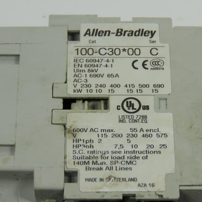 Allen Bradley 100-C30*00 Ser C 600VAC Contactor W/193-EECB 1.0-5.0A Trip