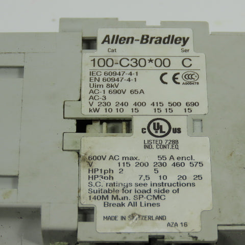 Allen Bradley 100-C30*00 Ser C 600VAC Contactor W/193-EECB 1.0-5.0A Trip