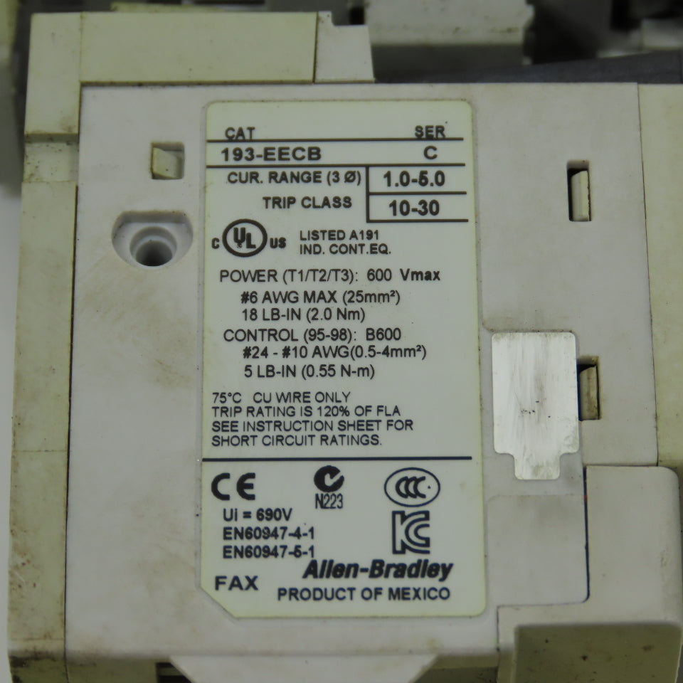 Allen Bradley 100-C30*00 Ser C 600VAC Contactor W/193-EECB 1.0-5.0A Trip