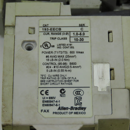 Allen Bradley 100-C30*00 Ser C 600VAC Contactor W/193-EECB 1.0-5.0A Trip