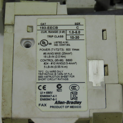 Allen Bradley 100-C30*00 Ser C 600VAC Contactor W/193-EECB 1.0-5.0A Trip