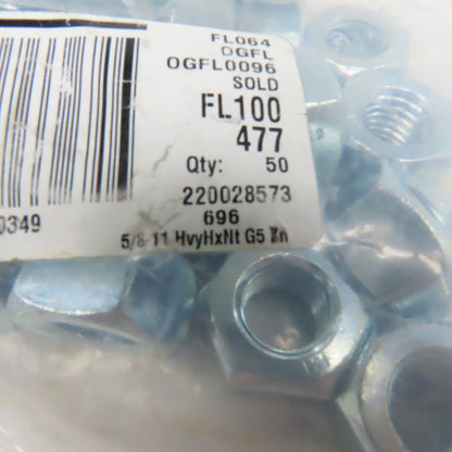 5/8"-11 Hex Nut G5 Zinc Plated Lot Of 50
