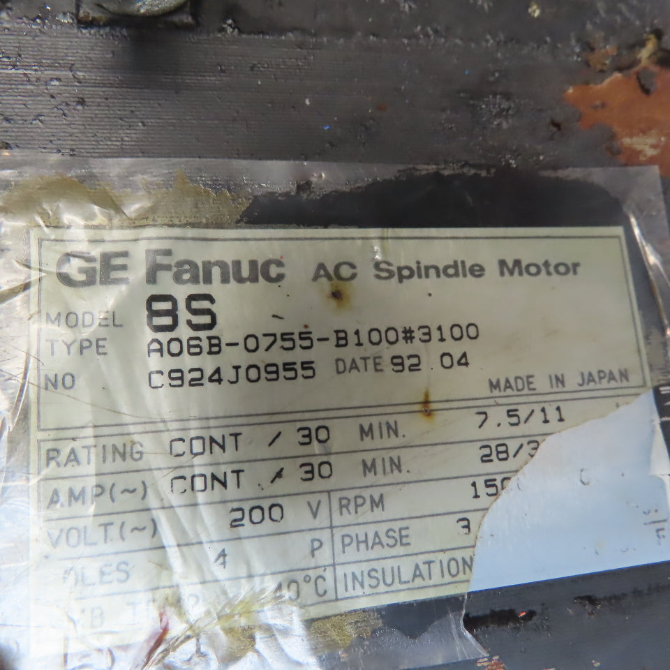 Fanuc A06B-0755-B100#3100 2000V 3Ph 4 Pole 15000/6000RPM AC Servo Spindle Motor