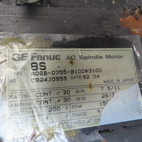 Fanuc A06B-0755-B100#3100 2000V 3Ph 4 Pole 15000/6000RPM AC Servo Spindle Motor