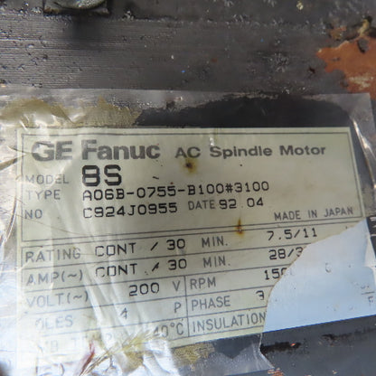 Fanuc A06B-0755-B100#3100 2000V 3Ph 4 Pole 15000/6000RPM AC Servo Spindle Motor
