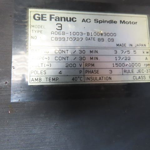 Fanuc A06B-1003-B100#3000 2000V 3Ph 4 Pole 15000/6000RPM AC Servo Spindle Motor