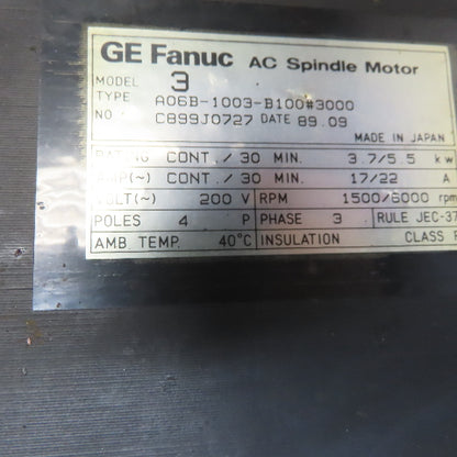 Fanuc A06B-1003-B100#3000 2000V 3Ph 4 Pole 15000/6000RPM AC Servo Spindle Motor