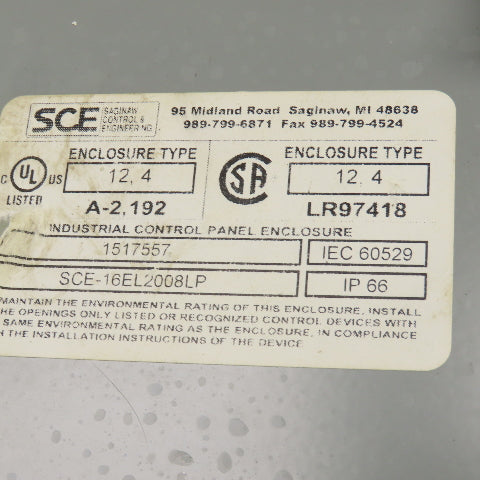 Saginaw SCE-16EL2008LP 16" x 20" x 8" Electrical Enclosure W/Backplate