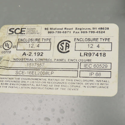 Saginaw SCE-16EL2008LP 16" x 20" x 8" Electrical Enclosure W/Backplate