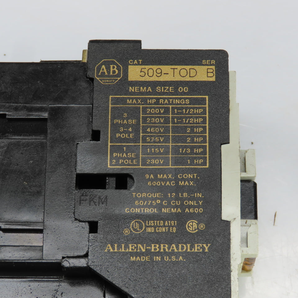 Allen Bradley 509-TOD Ser B Motor Starter Size 00 1/3-1-1/2HP 120V Coil Lot Of 2