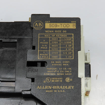 Allen Bradley 509-TOD Ser B Motor Starter Size 00 1/3-1-1/2HP 120V Coil Lot Of 2