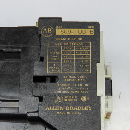 Allen Bradley 509-TOD Ser B Motor Starter Size 00 1/3-1-1/2HP 120V Coil Lot Of 2