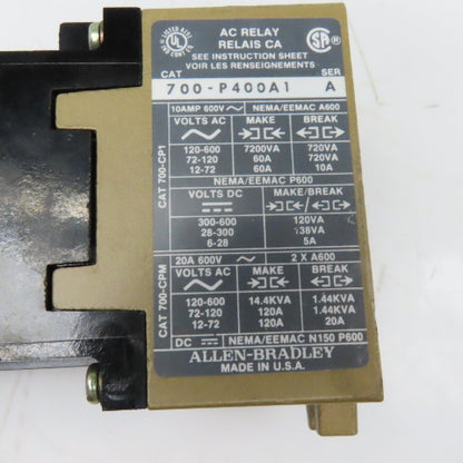 Allen Bradley 700-P400A1 700-PB40 600V AC Relay W/ Direct Drive Relay 120V Coil