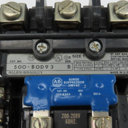 Allen Bradley 500-B0D93 Size 1 Contactor 27A 600VAC 200-208V Coil