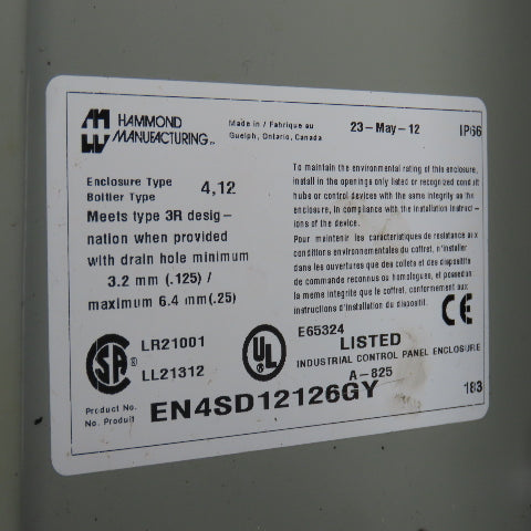 Hammond EN4SD12126GY 12" x 12" x 6" Wal Mount Electrical Enclosure W/Backplate