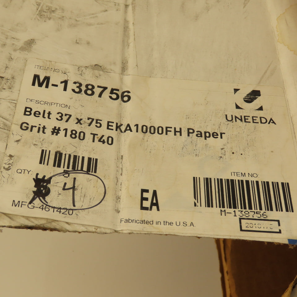 Uneeda M-138756 37 x 75" EKA1000FH Aluminum Oxide 180 Grit Sanding Belt Lot Of 4