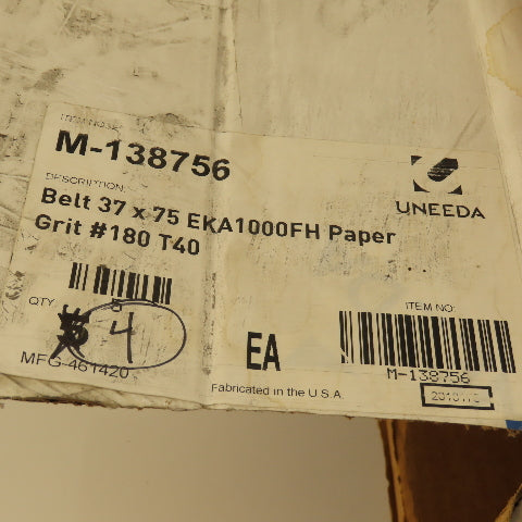 Uneeda M-138756 37 x 75" EKA1000FH Aluminum Oxide 180 Grit Sanding Belt Lot Of 4