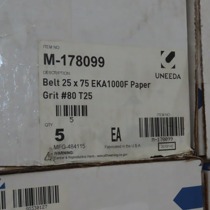 Uneeda M-178099 25" x 75" EKA1000FH Paper #80 Grit T25 Sanding Belts Lot Of 5